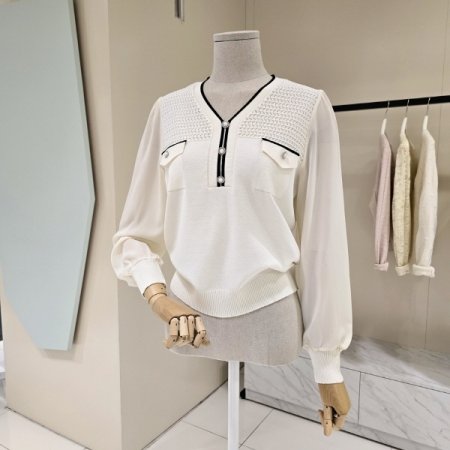 소매시폰 브이넥 니트