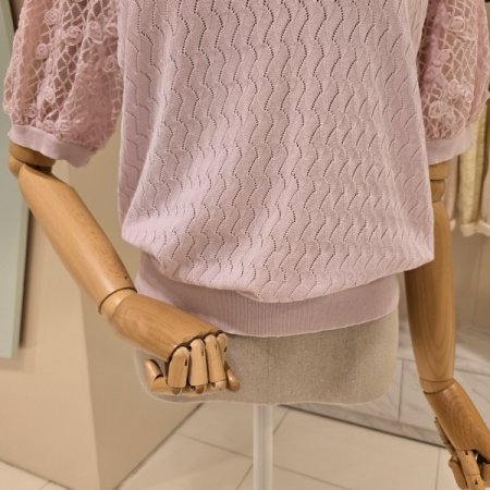 장미망사 소매 라운드 니트