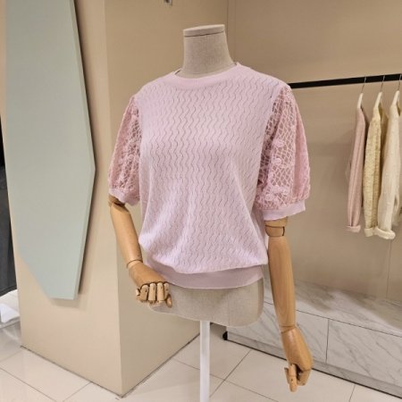 장미망사 소매 라운드 니트