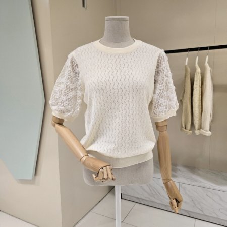 펀칭 망사소매 라운드 니트