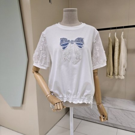 큰리본 비즈 라운드 티셔츠