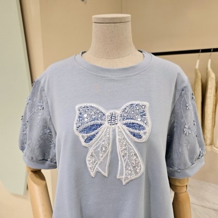 소매배색 리본 밴딩 라운드 티셔츠