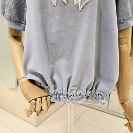 소매배색 리본 밴딩 라운드 티셔츠