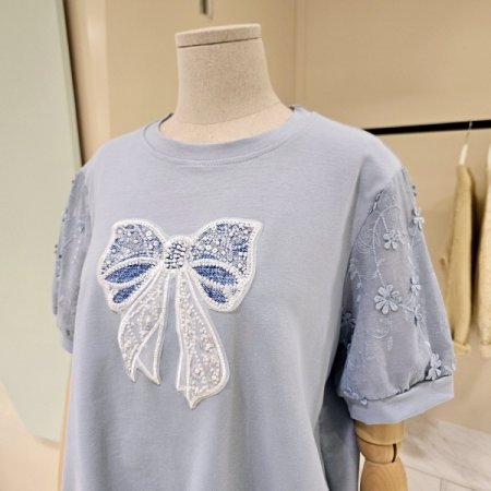 소매배색 리본 밴딩 라운드 티셔츠