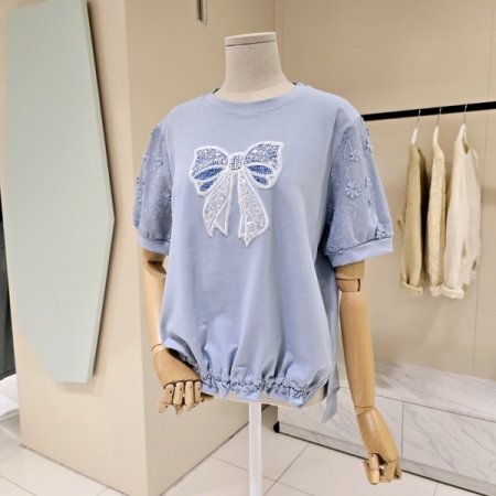 소매배색 리본 밴딩 라운드 티셔츠