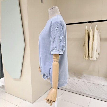 소매배색 리본 밴딩 라운드 티셔츠