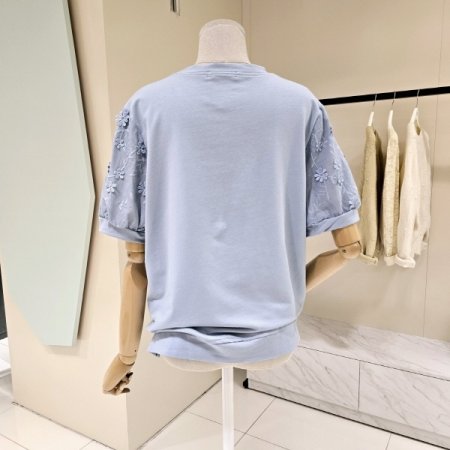 소매배색 리본 밴딩 라운드 티셔츠