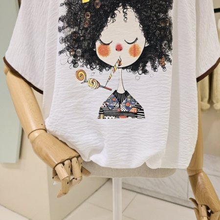 라인배색 스트링 라운드 티셔츠