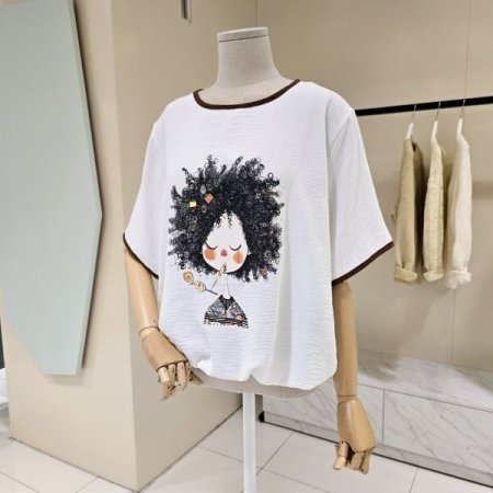 라인배색 스트링 라운드 티셔츠