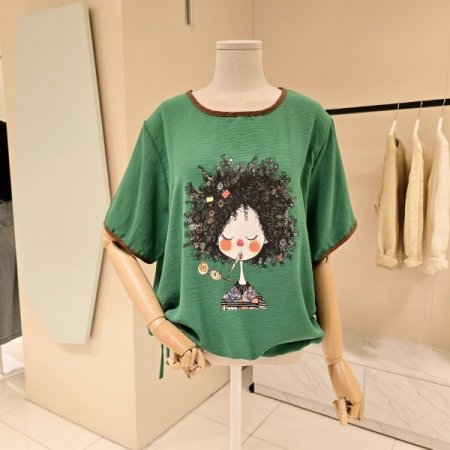 스트링 파마머리 라운드 티셔츠