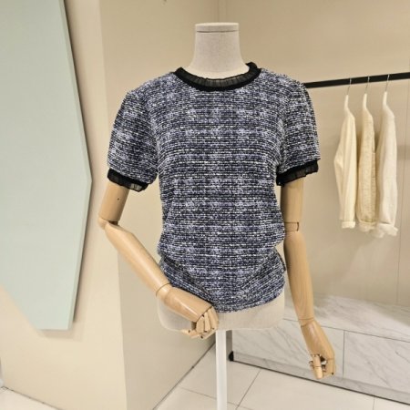 망사 라인 라운드 트위드 블라우스