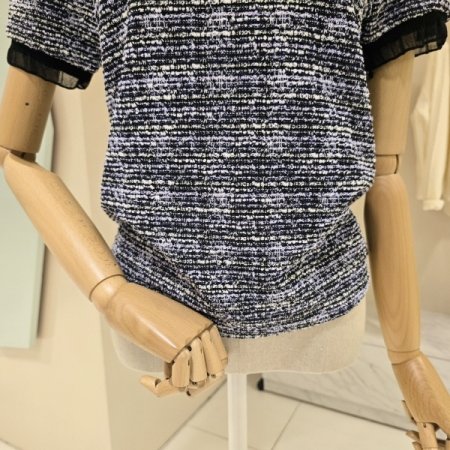 망사 라인 라운드 트위드 블라우스