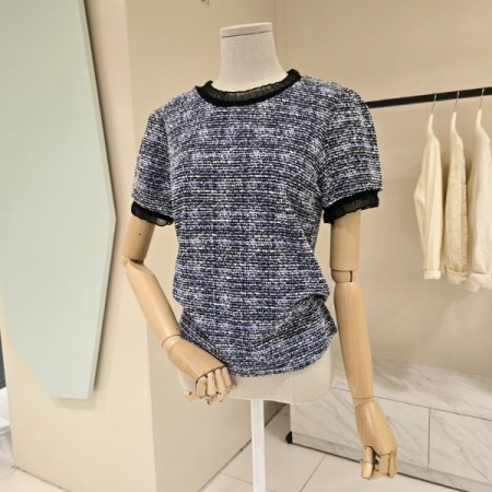 망사 라인 라운드 트위드 블라우스