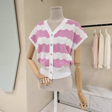 물결배색 브이넥 니트가디건