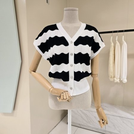 브이넥 물결배색 니트가디건