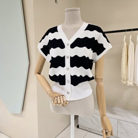 브이넥 물결배색 니트가디건