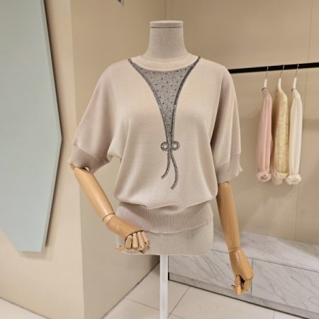 비즈 리본 라운드 니트