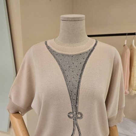 비즈 리본 라운드 니트