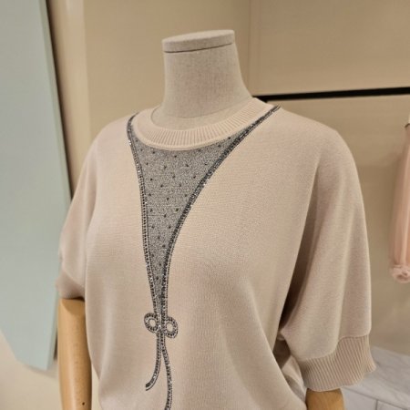 비즈 리본 라운드 니트