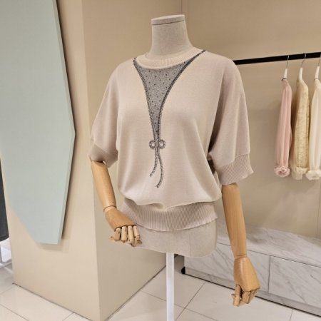 비즈 리본 라운드 니트