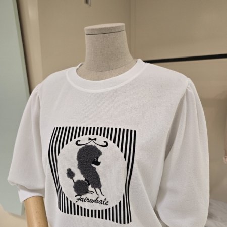 푸들 레터링 퍼프소매 라운드 티셔츠