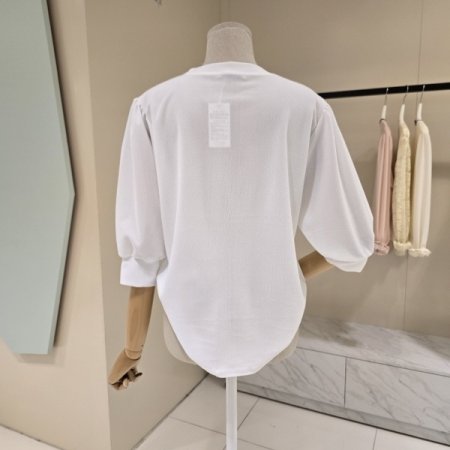 푸들 레터링 퍼프소매 라운드 티셔츠