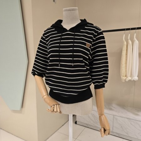 단가라 후드 니트 티셔츠