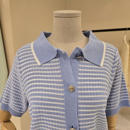 스트라이프 카라넥 니트가디건