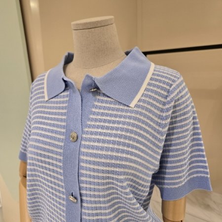 스트라이프 카라넥 니트가디건