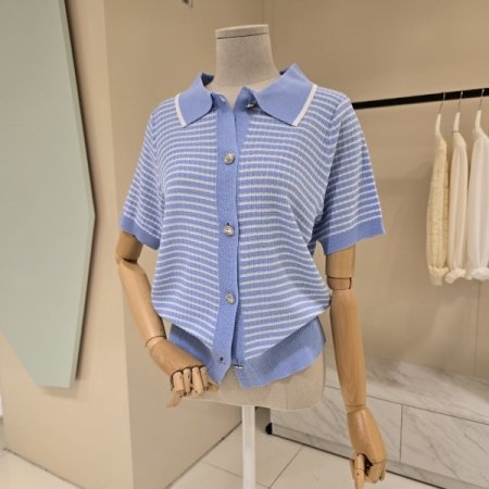 스트라이프 카라넥 니트가디건