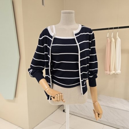 단가라 민소매 세트 집업가디건