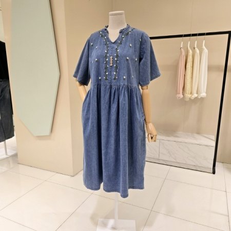 꽃자수 셔링 데님 원피스