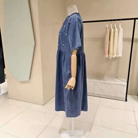 꽃자수 셔링 데님 원피스