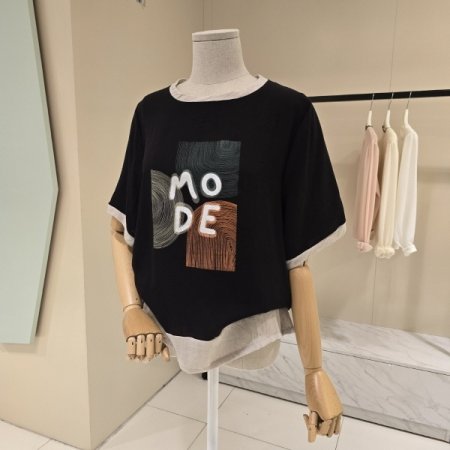 라인배색 모드 라운드 티셔츠