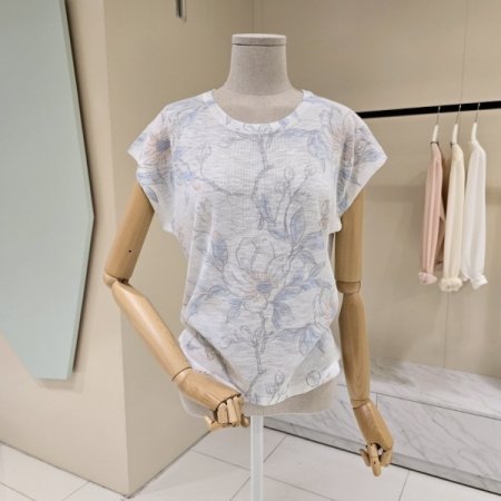 꽃나염 캡소매 라운드 니트