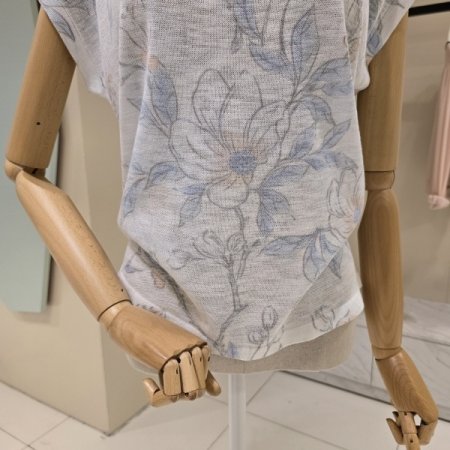 꽃나염 캡소매 라운드 니트