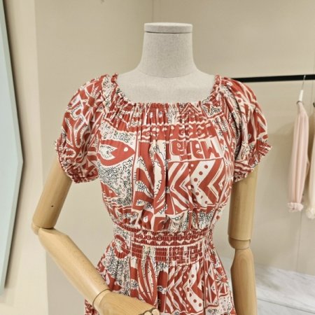 오프숄더 밴딩 프린트 롱 원피스