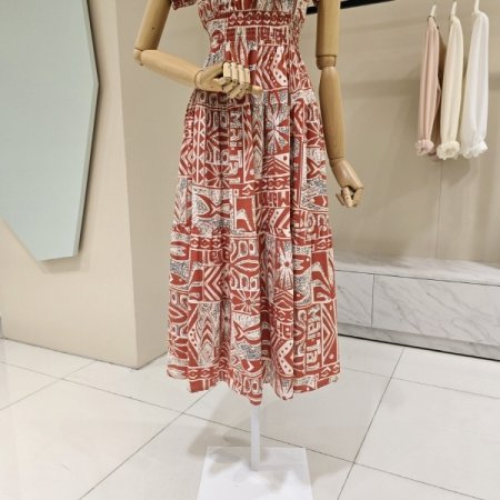 오프숄더 밴딩 프린트 롱 원피스