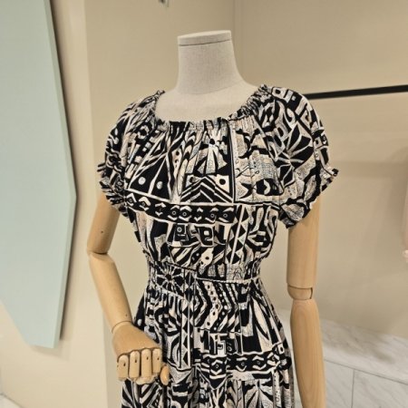 허리밴딩 프린트 오프숄더 원피스