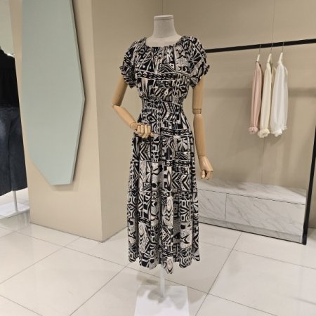 허리밴딩 프린트 오프숄더 원피스