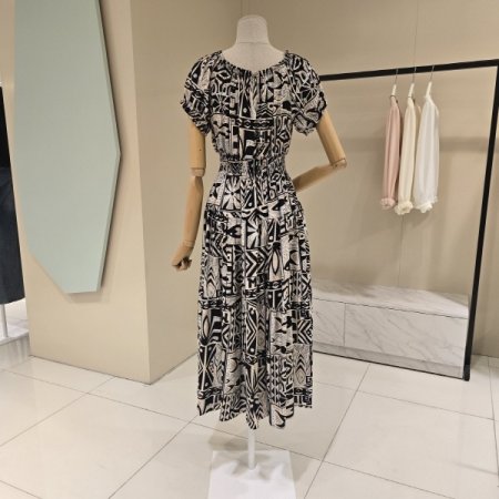 허리밴딩 프린트 오프숄더 원피스