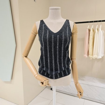 양브이넥 펄 비즈 민소매니트