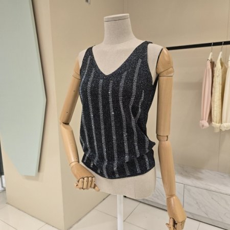 양브이넥 펄 비즈 민소매니트