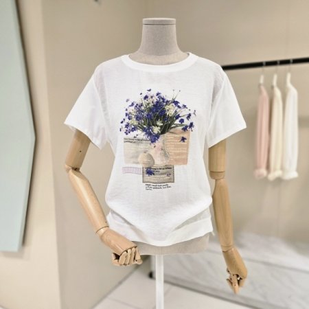 플라워 레터링 라운드 티셔츠
