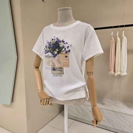 플라워 레터링 라운드 티셔츠