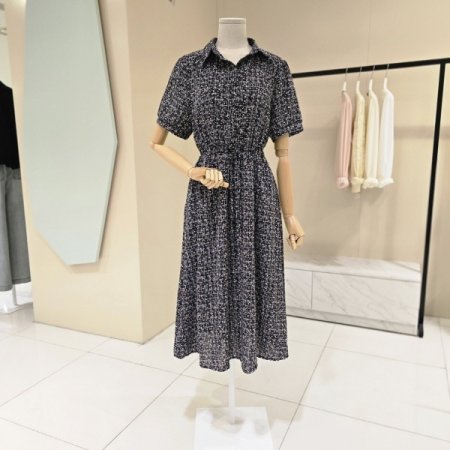 스트링 프린트 카라 원피스