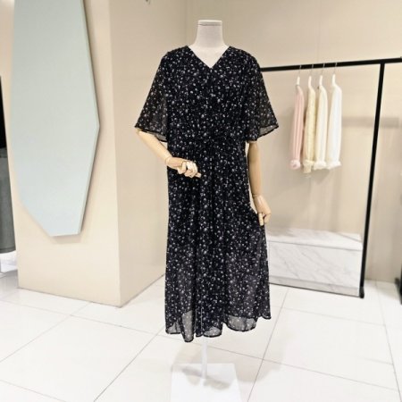 플라워 셔링 브이넥 시폰원피스