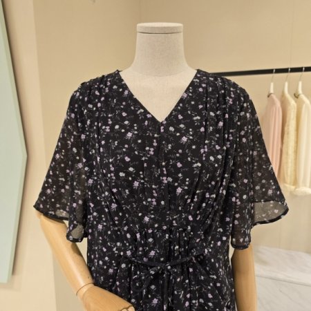 플라워 셔링 브이넥 시폰원피스