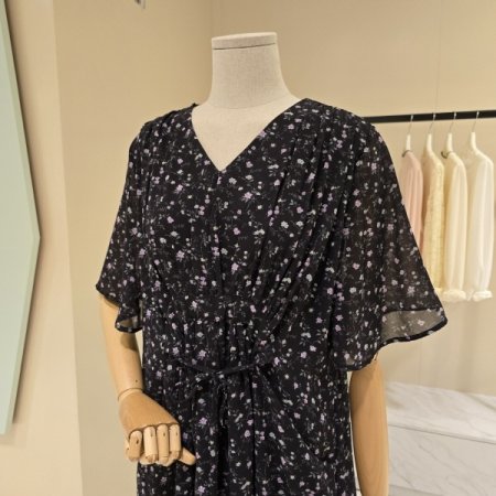 플라워 셔링 브이넥 시폰원피스