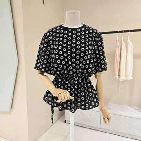 프린트 라운드 스트링 시폰블라우스